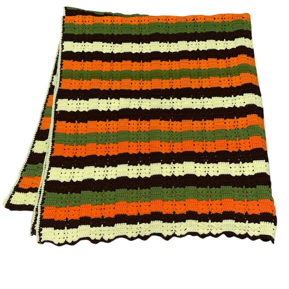Vintage 70s Striped Granny Afghan Crochet Blanket Bedspread 76” X 61 “Throw